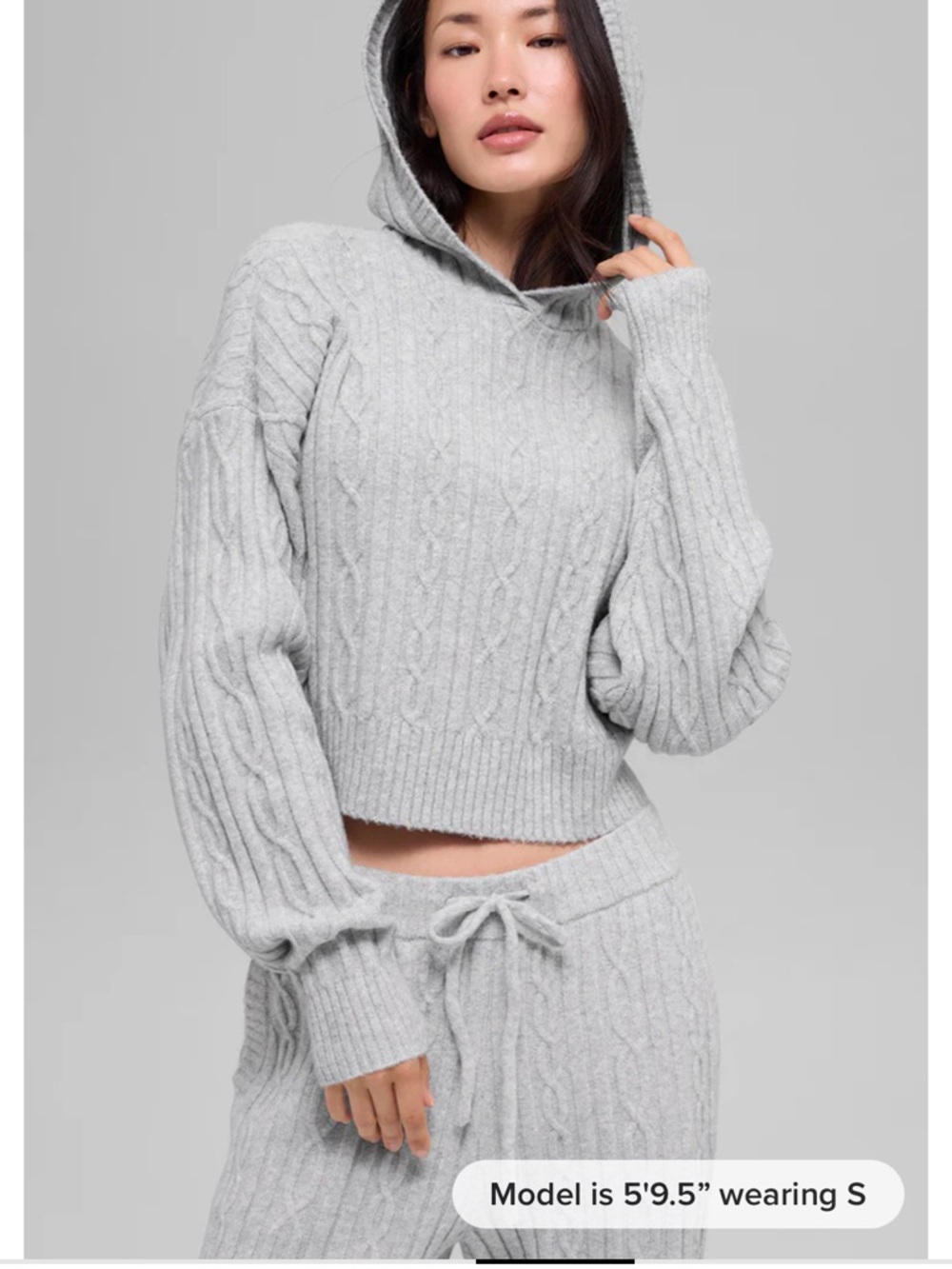 ALO Cable Knit Hoodie Sweater in Light Gray